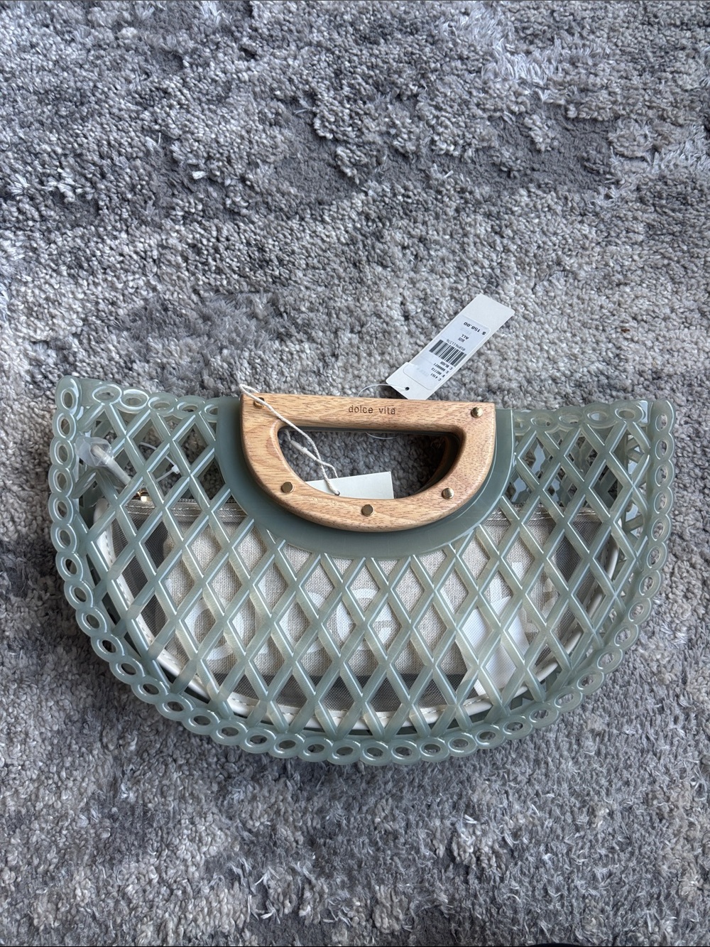 Dolce Vita Mint Green Lattice Semi-Circle Clutch with Wood Handle - Picture 3 of 7